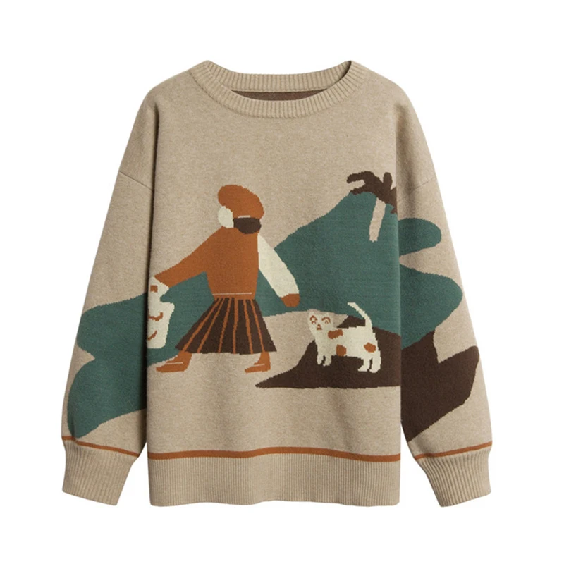 

Корейский модный свитер с мультяшным рисунком, Женская осенне-зимняя теплая трикотажная одежда 2021, Женский пуловер, повседневный свободный...