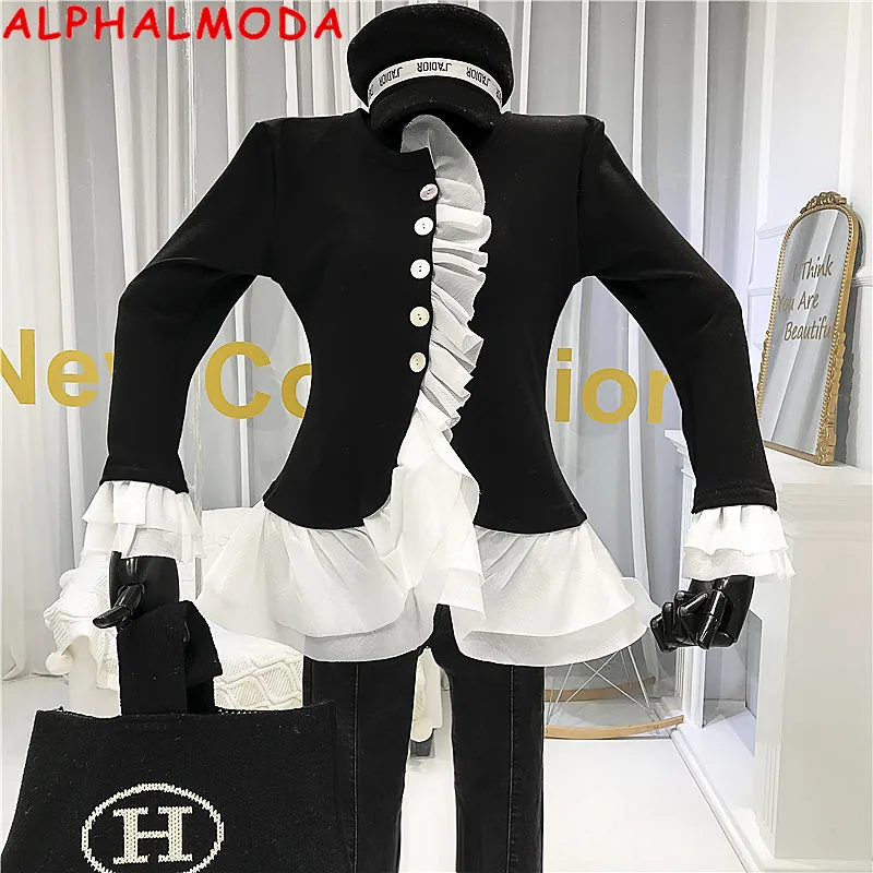 Женская Облегающая рубашка ALPHALMODA однобортная с оборками и длинными рукавами в