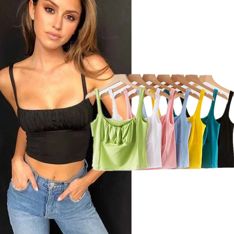 

Womens Summer Sleeveless Tanks Tops Green Black Pleated Short Camis Sexy Female Crop Top 2020 Fashion Casual Ladies Clothing