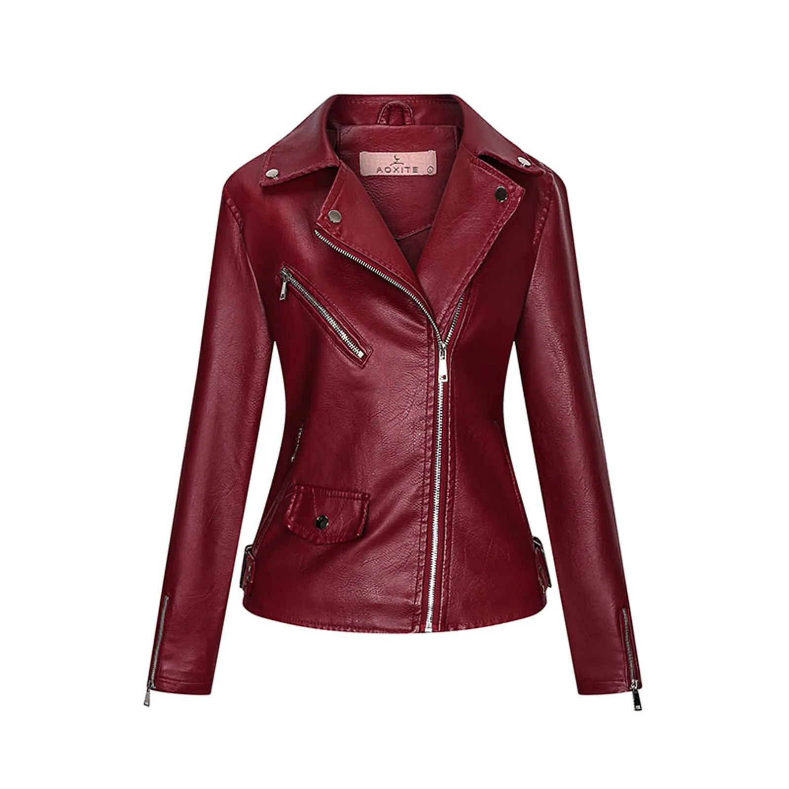 

Женская мотоциклетная куртка, однотонная приталенная куртка на молнии, с отложным воротником и длинным рукавом, Байкерская короткая верхня...