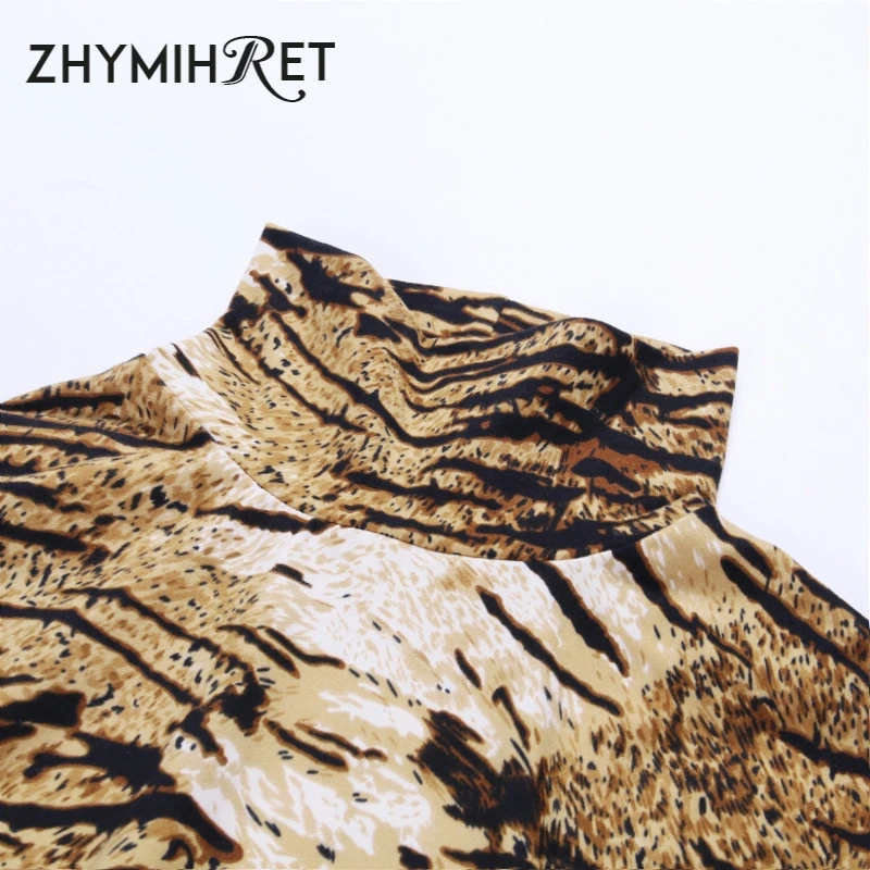 

ZHYMIHRET 2021 Autumn Turtleneck Tiger Print Mini Dress Women Long Sleeve Bodycon Dress Sexy Party Night Dress