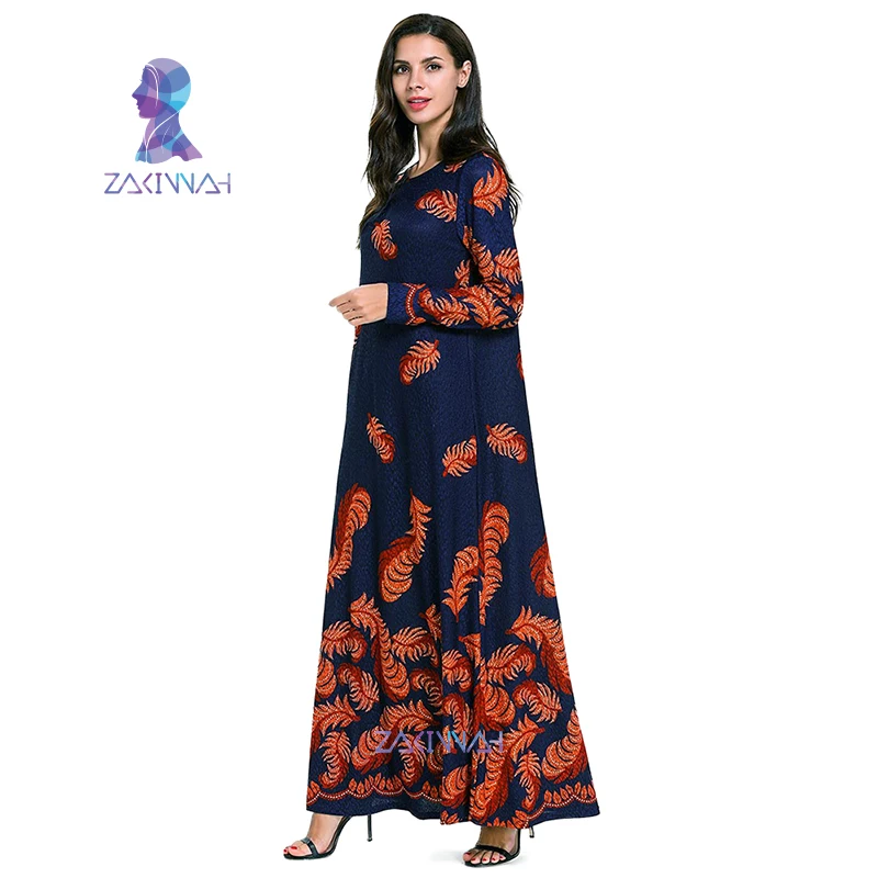 7702 vetement femme 2019 модное платье с длинным рукавом принтом в виде голубых перьев