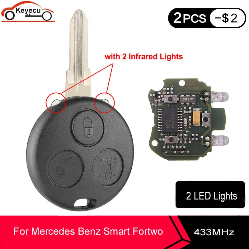 KEYECU дистанционный ключ-брелок от машины 433 МГц 3 кнопки для Mercedes Benz Smart Fortwo Forfour City