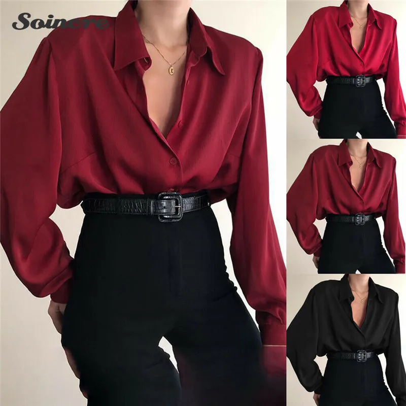 

Women's Casual Fashion Blouse Button Down Shirt Ladies Elegant Work Office Long Sleeve Solid V-Neck Loose Female Blusas Autumn