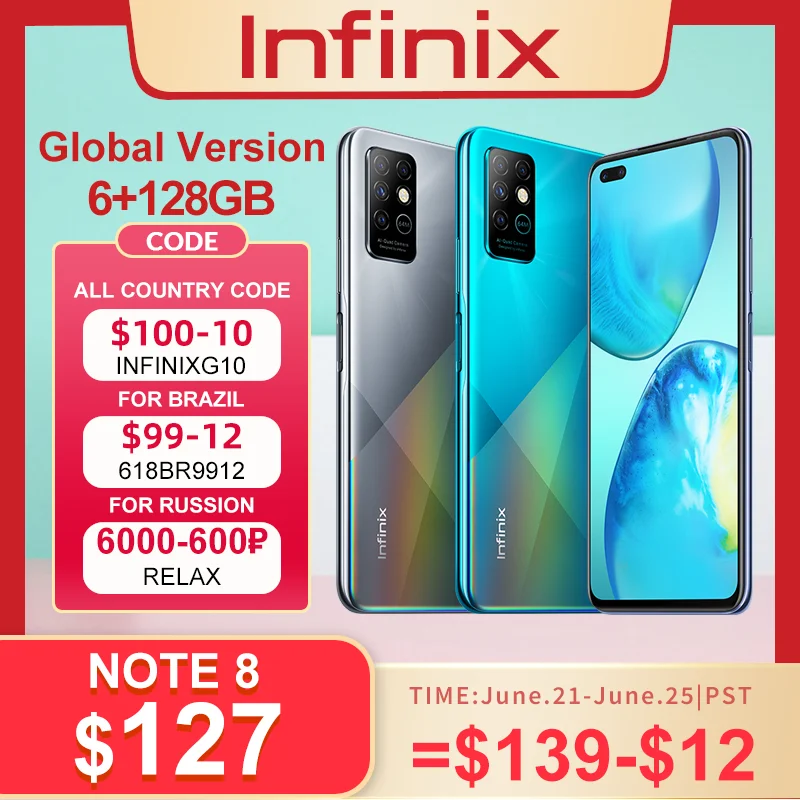 Глобальная версия Infinix Note 8 Smart Phone 6 ГБ Оперативная память 128 Гб Встроенная 95