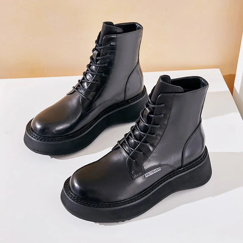 

Genuine Leather Chunky Motorcycle Boots for Women Fashion Round Toe Lace-up Combat Boots Ladies Shoes Lolita Shoes dfg5