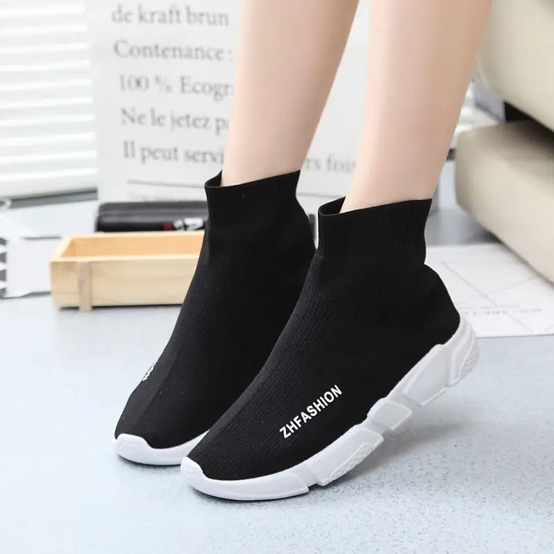 

2021 New Elastic Socks Shoes Women Autumn High-top Student Sports Casual Shoes Boots Women Stretch Fabric Flat with Sock Boots
