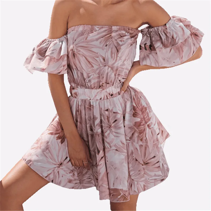 

Women Floral Print Dress Strapless Low Cut Short Ruffles Sleeve A Line Dress Summer Off Shoulder Casual Female Sexy Mini Dresses