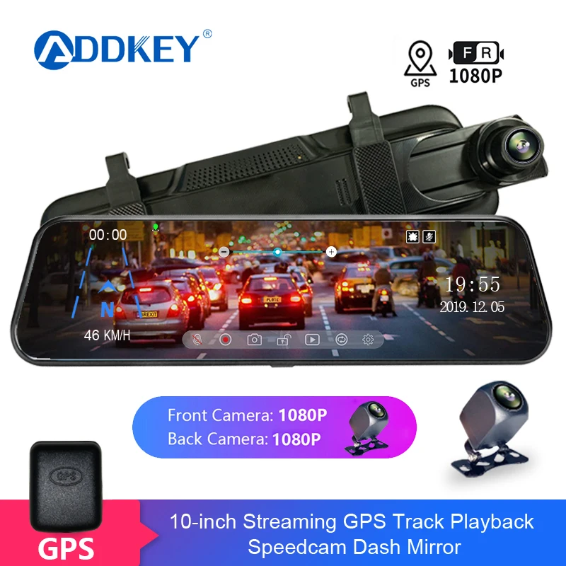 

ADDKEY 10" Touch Screen Car DVR stream media 1080P Dash camera Dual Lens Camera Video Recorder GPS playback with Backup camera