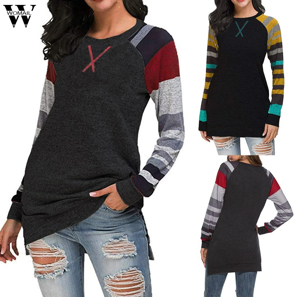

Womail, женская футболка, осенняя, новинка, женская футболка, в полоску, с принтом, футболка, женская, с длинным рукавом, в стиле пэчворк, с круглы...