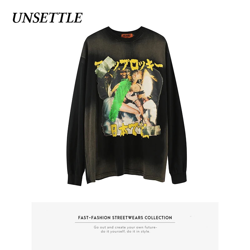 2020AW Осенняя японская футболка большого размера с длинными рукавами принтом Harajuku