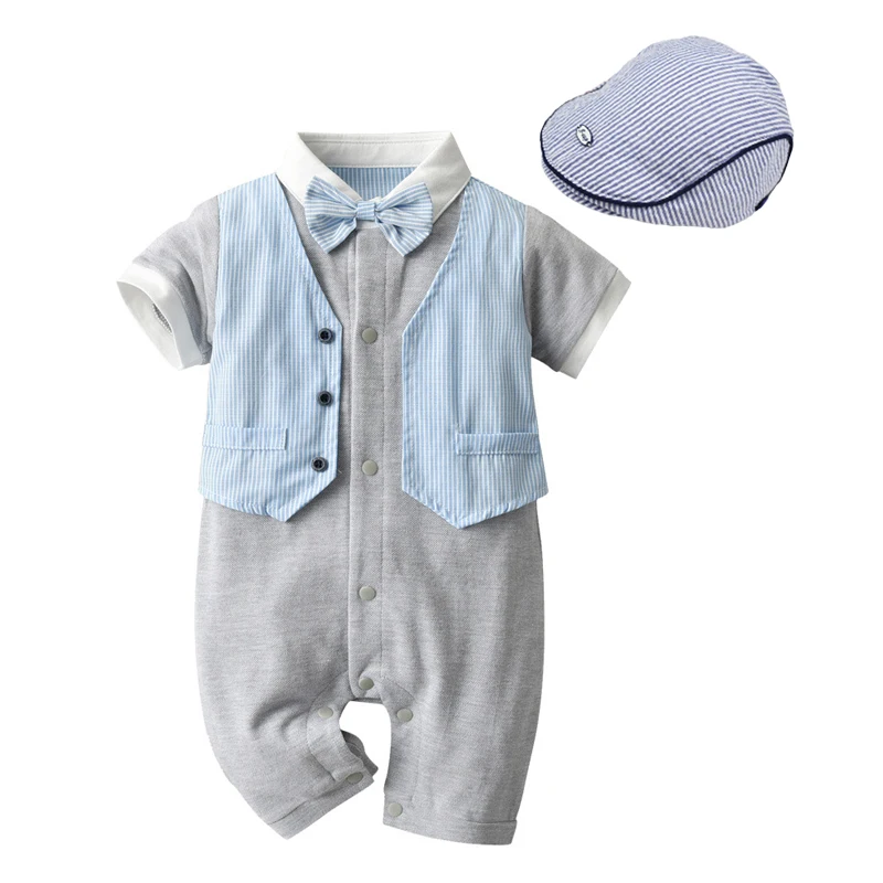 

Newborn Rompers with Cap Baby Boys Clothes Summer Cotton Fales Vest Patchwork Romper 0-24 Months Children Jumpsuit