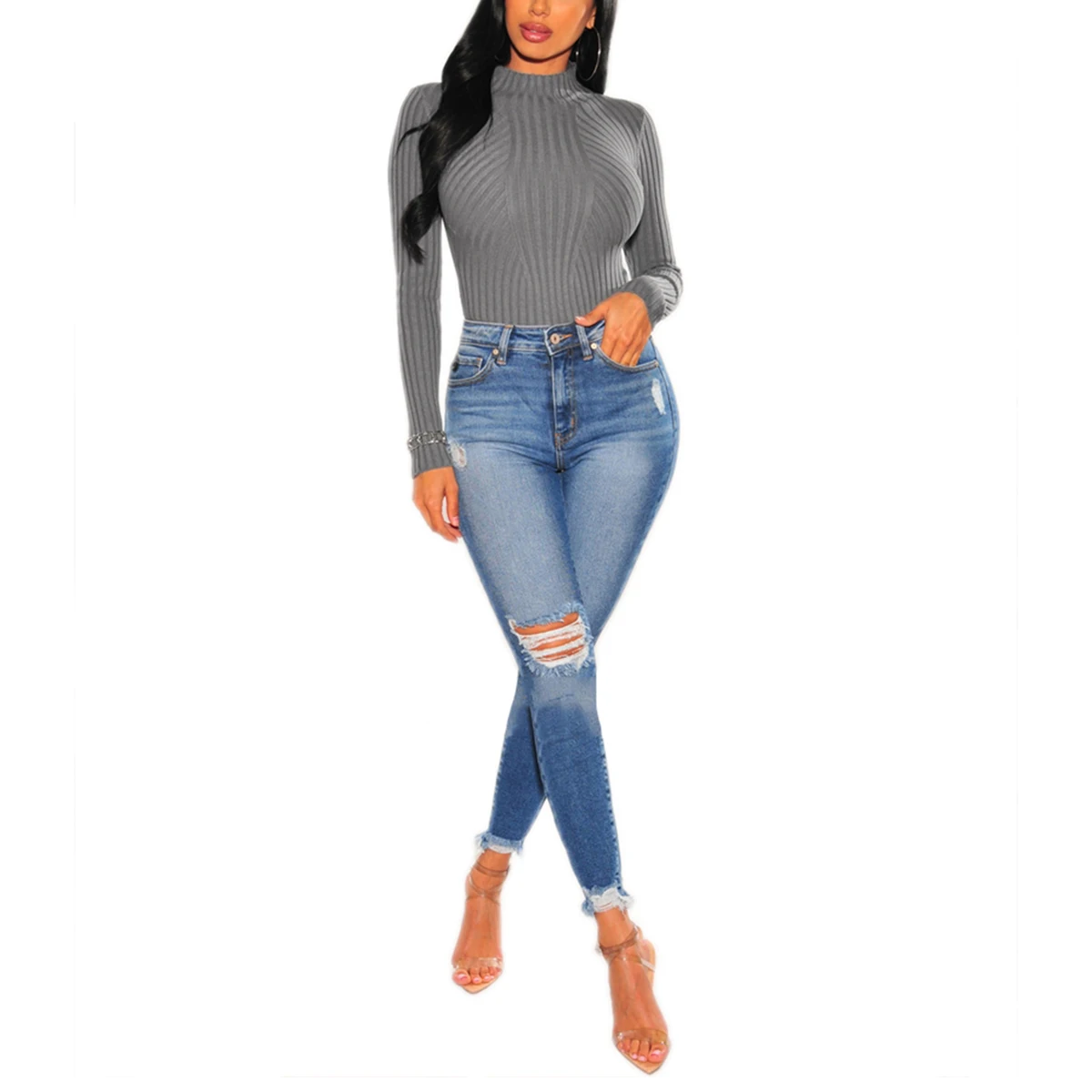 

Women Sweater Bodysuit One Piece Ribbed Knit Bodycon Leotard Bodysuit Mock Neck Long Sleeves Solid Color Sexy Romper Sweater Top
