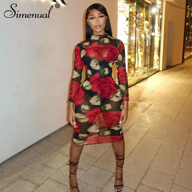 Женское Сетчатое платье миди с цветочным принтом и Simenual прозрачное сексуальное