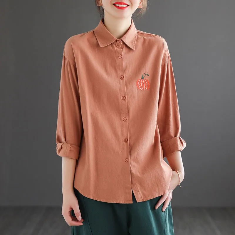 

Женские хлопковые льняные повседневные рубашки, новинка 2021, весенние свободные женские топы в простом стиле с винтажной вышивкой и длинным ...