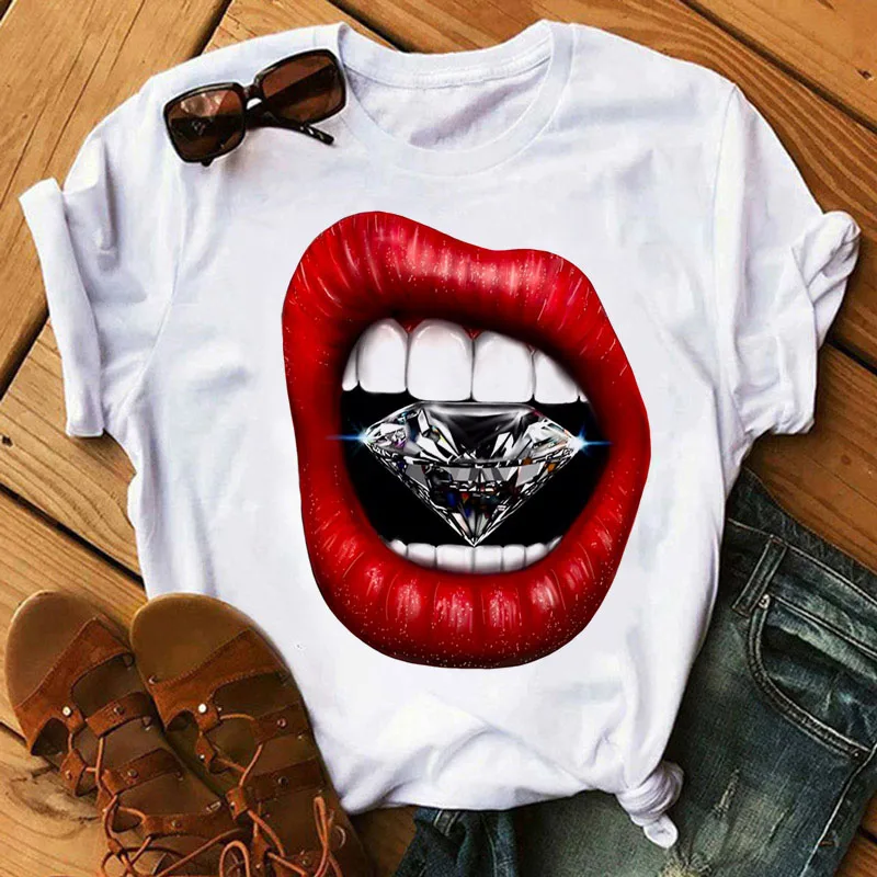 

Diamond In The Red Mouth Print Tshirt Girl Harajuku Casual White Tops Tee Summer Female T-Shirt Anime Short Sleeve,Drop Shipping