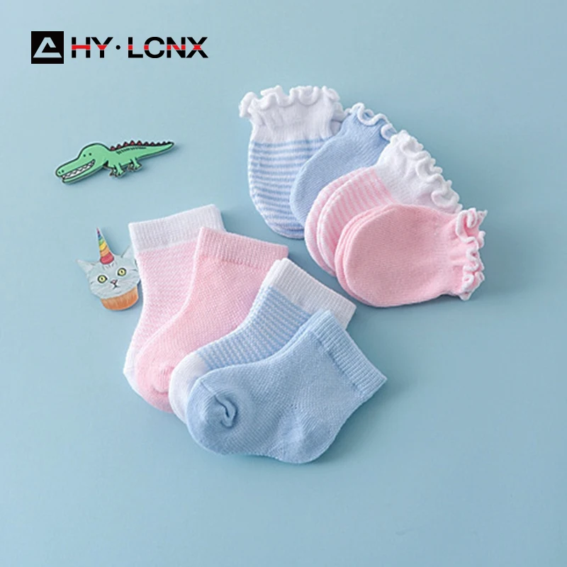 

4 Pairs/Lot Summer Newborn Baby Socks Gloves Set Children's Kids Anti-scratch Breathable Elasticity Protection Face Mittens Gift