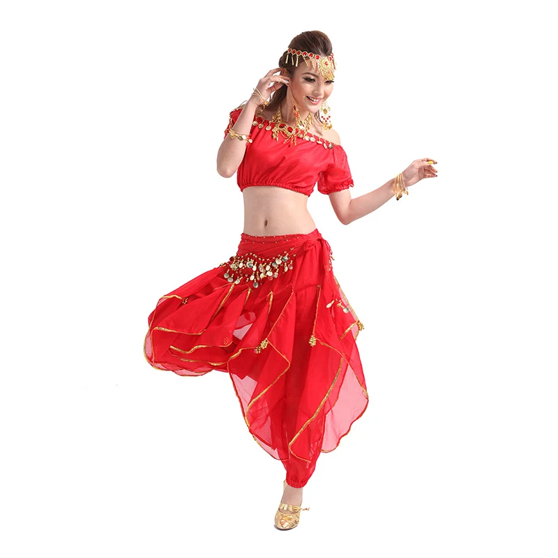

2019 New Arrival Women Belly Dancing Skirt Sets Sexy Coat&Pants Sequins Belt Shinny Coin Chiffon Skirt Lantern Pants 6 Colors