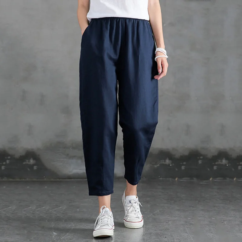 

Cotton Linen Pants Women Spring Summer Large Size Solid Color Harem Pants Elastic Waist Loose Casual Woman's Linen Trousers