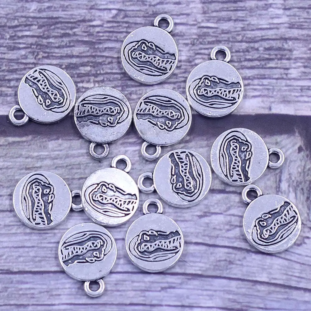

10Pcs Pendants Crocodile Head Animal Metal Round Antique Silver Tone For Charms Necklaces Craft Jewelry DIY Finding 15x12mm