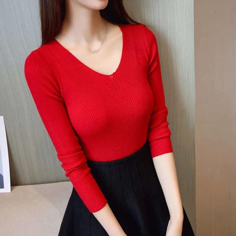 

Autumn Knitted Tops Women Casual Solid Color Long Sleeve Pullover Female V-neck Bottoming Top