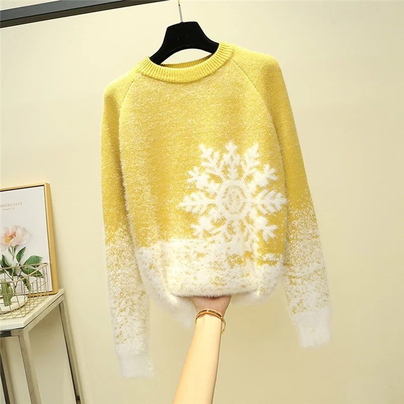 Рождественский женский зимний свитер со снежинками толстый вязаный пуловер с