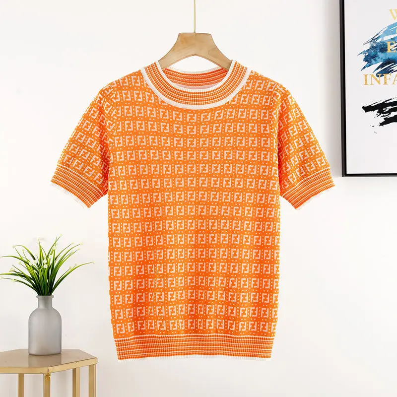 

High quality 2021 spring and summer new double F letter round neck Pullover Sweater slim fit Korean Casual Short Sleeve T-Shirt