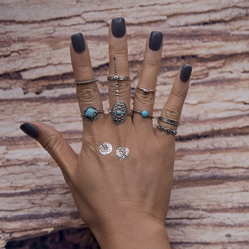 1 комплект антикварное серебряное геометрическое кольцо с синим горным