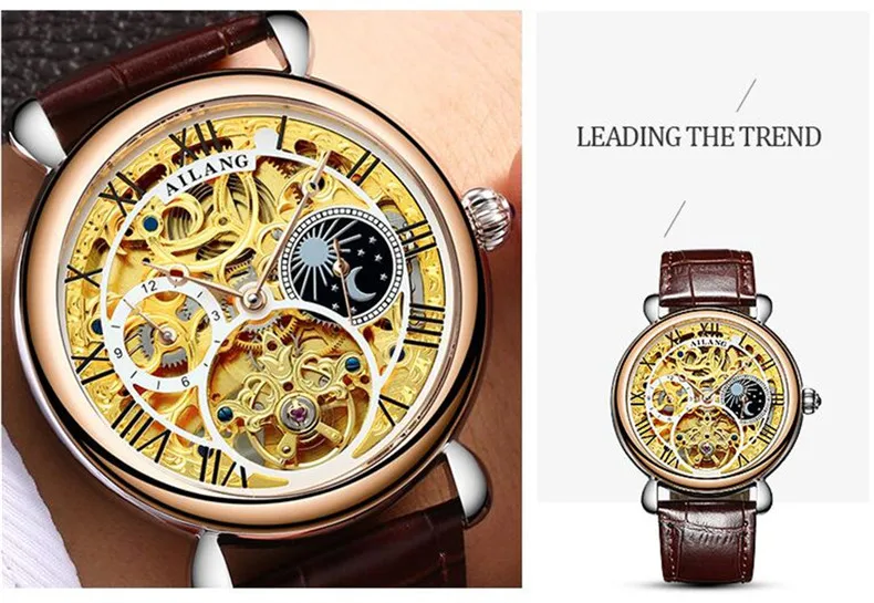 AILANG Moon Phase, мужские винтажные автоматические механические часы, мужские часы со скелетом, s Tourbillon, часы, лучший бренд, Роскошные, Новинка