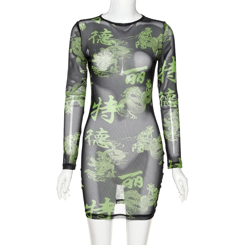 

Dragon Chinese Character Print Sheer Women Mini Dress Mesh Long Sleeve Bodycon Sexy Clubwear Dresses