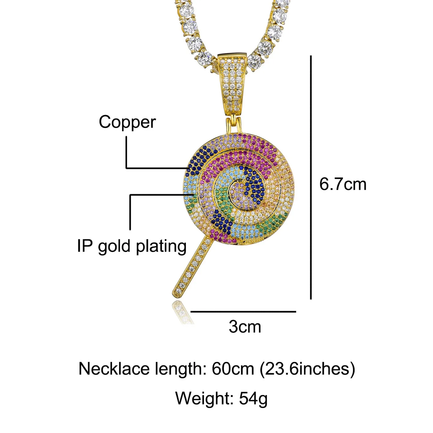 

Habegris Colorful Rainbow Lollipop Pendant Necklace Feminine Jewelry Copper and Zircon Hip Hop Full Zirconium