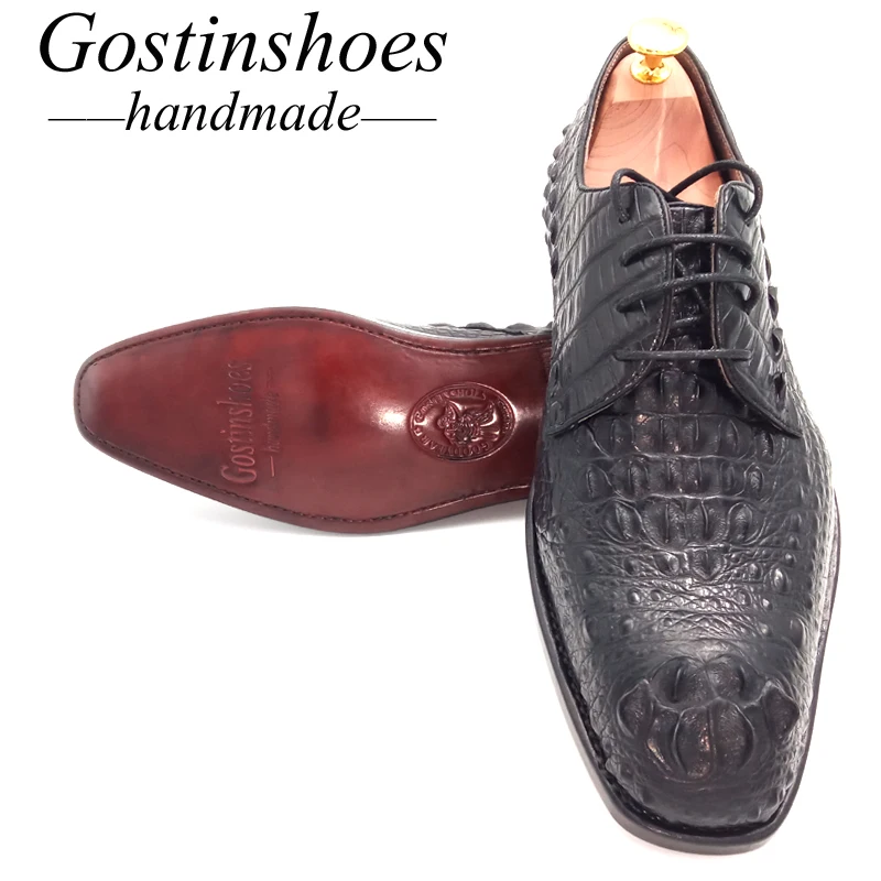Goodyear/Мужские модельные туфли ручной работы цвет черный натуральная крокодиловая