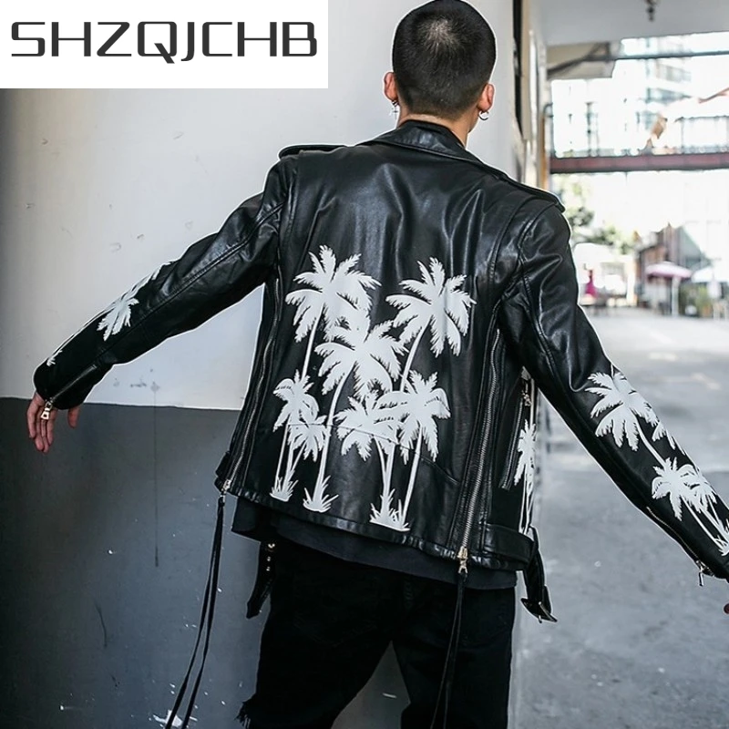 

JCHB 2021 Men High Street Biker Real Leather Jacket Brand Luxury Slim Print Sheepskin Coat Autumn Short Party Casual Outerwear S