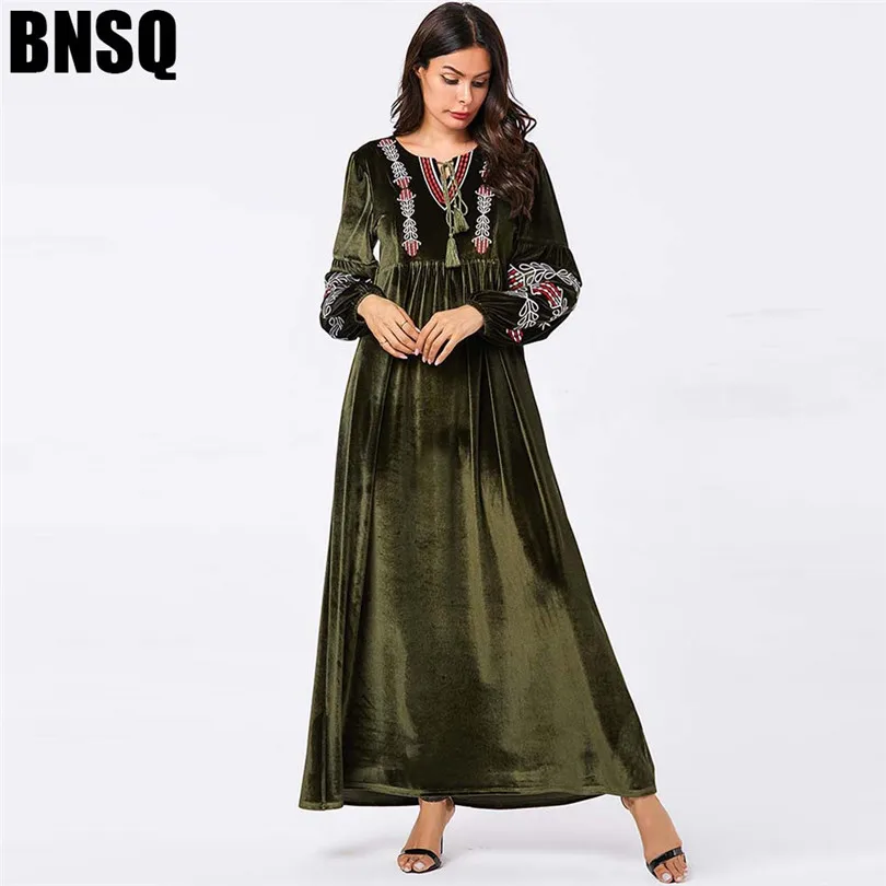 Арабское золото бархат вышитые Абая зимнее платье для женщин мусульманский