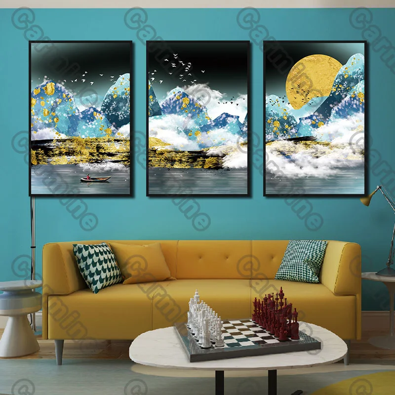 

Poster Moon Mountain Boat Landscape Canvas Painting and Prints Wall Art Pictures Decoration for Living Room 3Pcs Frameless