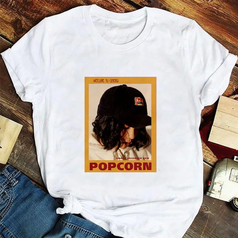 

Popcorn Letter Beauty Printed T shirt Women Harajuku Graphics Fashion Casual T-shirt O-neck Tops Tee Short Sleeve T-shirt Female