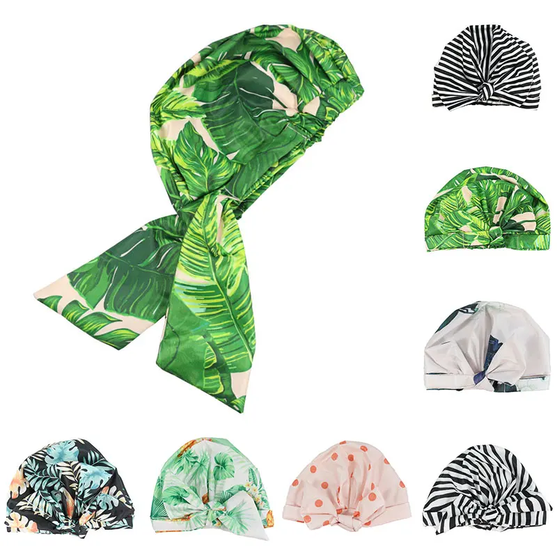 

Pastoral Style Fashion Shower Cap Reusable Elastic Waterproof Stripes Print Bowknot Hat For All Hair Lengths Clothes Accessories