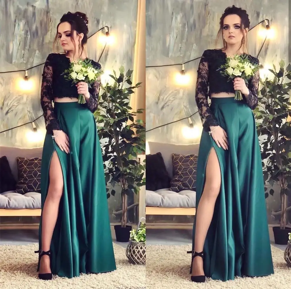 

2020 Long Evening Dress Green Satin Sexy Two Pieces A-Line Lace Long Sleeve Side Slit Split Women Party Dress Elegant Gown green