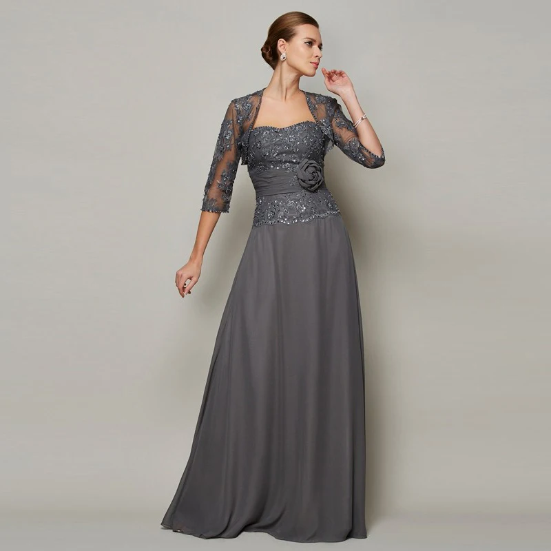 

New Graceful Gray Two Pieces Lace Mother of the Bride Dresses With Jacket Sweetheart Applique Beads Wedding Guest Gowns On Sale