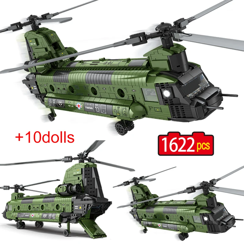 

1622pcs Military Weapon WW2 CH-47 Fighter Transport Helicopter Building Blocks Airplane Bricks Toys For Kids Gifts