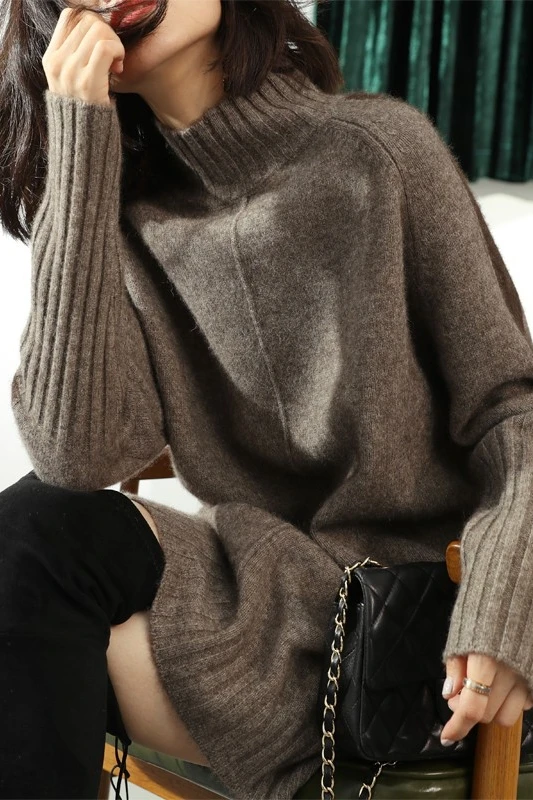 

collar Pullover Sweater women's middle and long cashmere sweater with buttock covering dress with slit and loose thickening