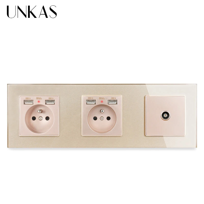 Двойная французская стандартная розетка со стеклянной панелью UNKAS с 4 USB портами