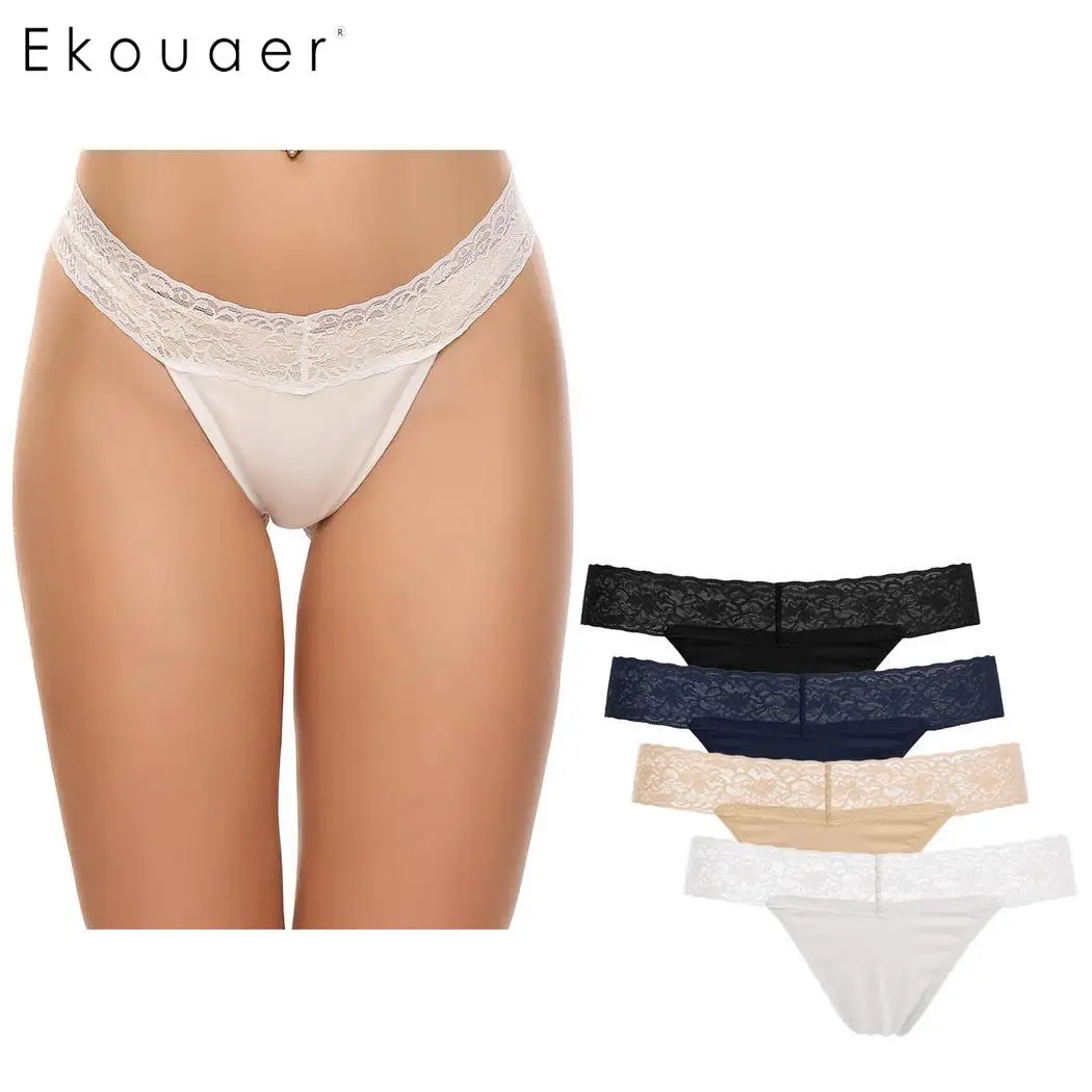 Ekouaer/4 шт., женское мягкое белье, трусики, комплект с кружевной отделкой, стринги, хлопковые трусы, нижнее белье, интимное бесшовное сексуальное нижнее белье s-xxl