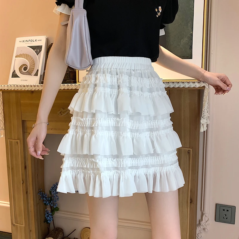 Chiffon Cake Skirts Women 2021 Summer Sweet Fashion Kawaii Elegant Party Mini Skirt High Waist Ruffled Aesthetic Pleated Skirts