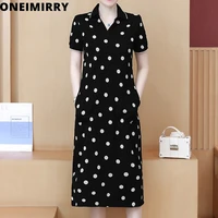 oneimirry vintage polka dot woman dress print cotton polo collar long dresses female casual black clothes summer 2022