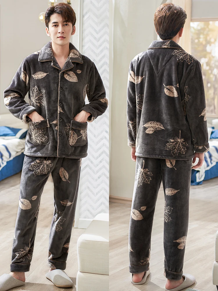 Korean Winter Sleepwear Casual Loose Long Sleeve Coral Fleece Thicken Warm Plus Size Sleepwear Szata Zestawy Men's Sleep DB60SY