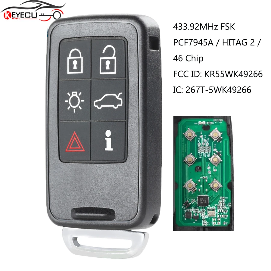 

KEYECU Keyless-Go FSK 434MHz ID46 Smart Remote Key Fob 6B for VOLVO S60 S80 V40 V60 V70 XC60 XC70 2007-2016 FCC ID: KR55WK49266