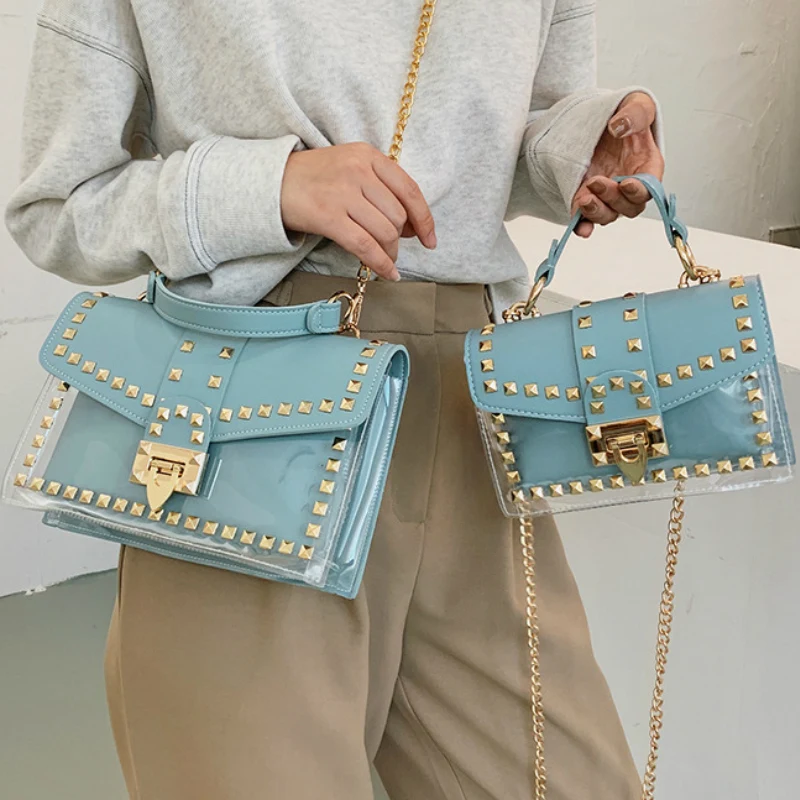 

Женские сумки с заклепками и цепочками, маленькие сумочки из ПВХ, летние мягкие сумки на плечо, сумки через плечо, прозрачный кошелек