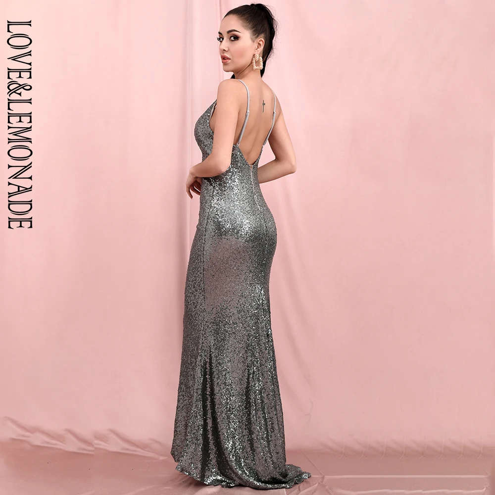 

LOVE&LEMONADE Sexy V-Neck Grey Open Back Bodycon Sequins Fishtail Styling Party Maxi Dress LM82068