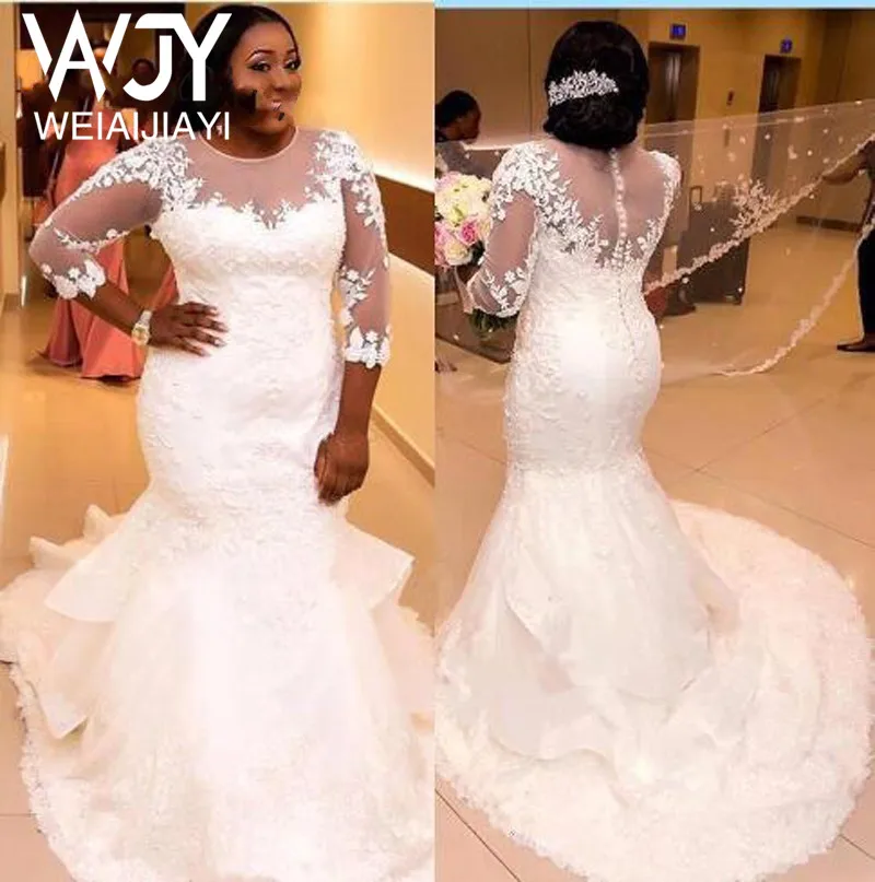 

Custom Made Wedding Gown 3/4 Sleeves Sheer Neck See Through Mermaid Wedding Dresses Pure White Color Plus Size Sweep Train Sexy